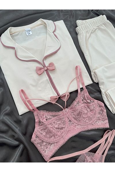 Lena Homewears Women's Bow Detailed Underwear Short Sleeve Pajamas Set