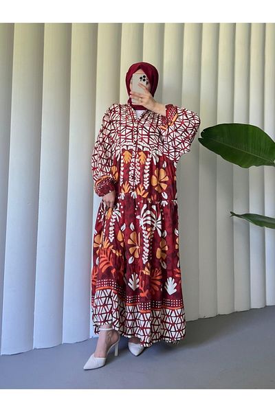 Modamorfo Viskose-Kleid mit elastischen Ärmeln, Stehkragen und halbem Knopf – Orange