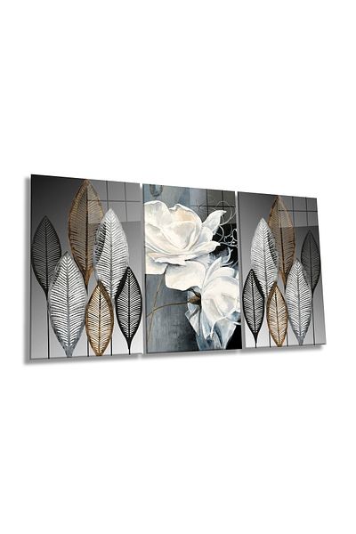 Rosyvien Abstract Floral Gray Combination 3 Piece Set Glass Painting, Home and Office Wall Decoration, Luxury Gift