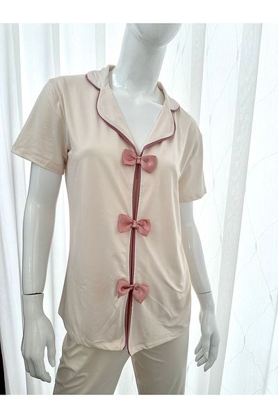 Lena Homewears Set de pijamale cu mânecă scurtă cu fundă pentru femei
