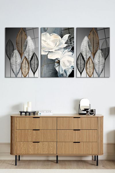 Rosyvien Abstract Floral Gray Combination 3 Piece Set Glass Painting, Home and Office Wall Decoration, Luxury Gift