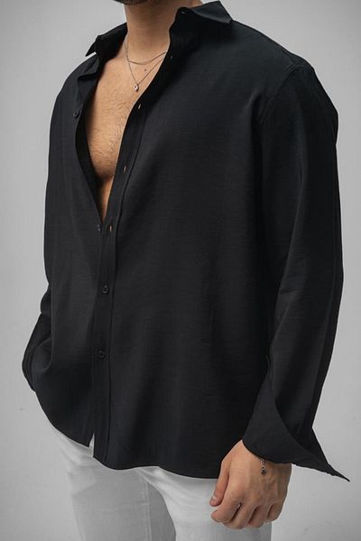 Tarz Cool Ανδρικό μαύρο απλό λινό πουκάμισο oversize