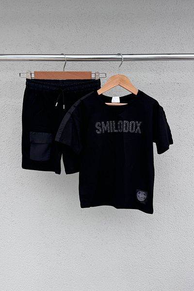 KALBEN ÇOCUK Boy's Black T-Shirt & Pocket Shorts Set - Summer 2-Piece Combination (4-14 Years)