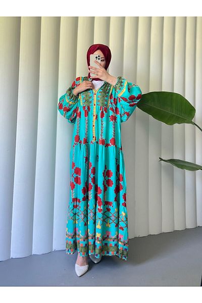 Modamorfo Viskose-Kleid mit elastischen Ärmeln, Stehkragen und halbem Knopf – Türkis