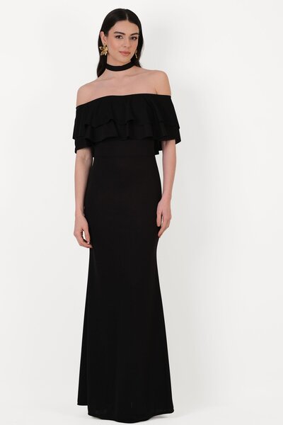 Spazio Bersiha Boyundan Bağlı Yaka Fırfırlı Uzun Abiye Elbise SİYAH