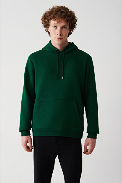 Avva Erkek Yeşil Kapüşonlu 3 İplik Şardonlu Pamuklu Sweatshirt E001018