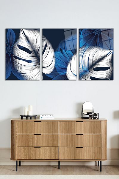 Rosyvien Set de 3 piese cu frunze albastre albe moderne abstracte, pictură pe sticlă, decor de perete pentru casă și birou, cadou de lux