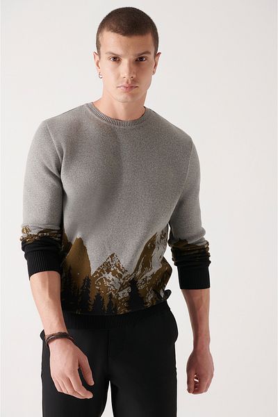 Avva Men's Khaki Crew Neck Patterned 100% Cotton Knitwear Sweater A22Y5064