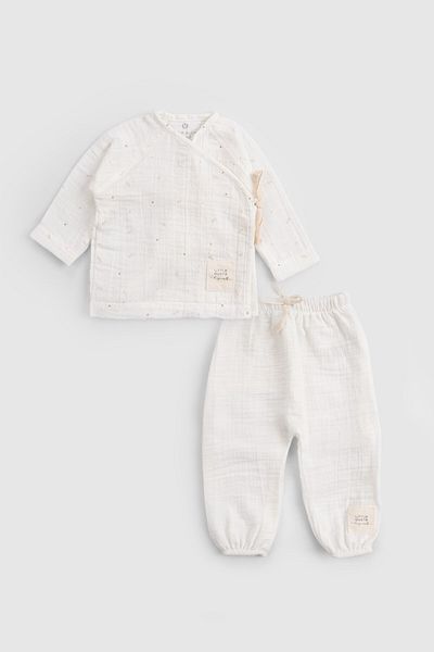 Little Gusto Organic Cotton Muslin Ecru Double Breasted Baby Set