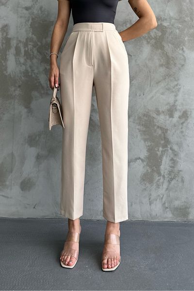 macharel jeans women's narrow leg pleated velcro closure seasonal fabric pants cream