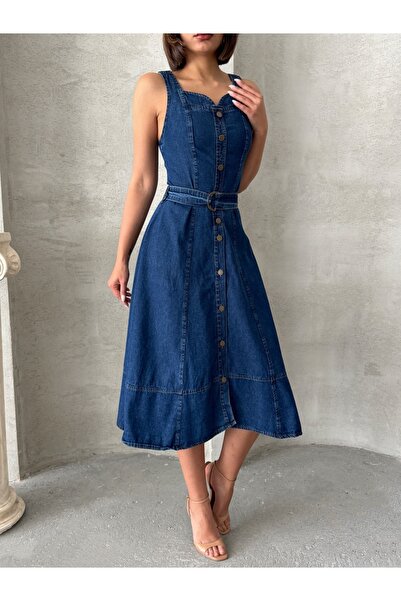 Miss Prova Τζιν φόρεμα με κουμπιά και λεπτομέρεια γιακά καρδιάς MISSEL920