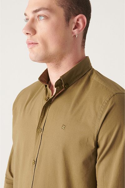 Avva Férfi khaki 100% pamut vékony, puha gombos galléros ing E 002206