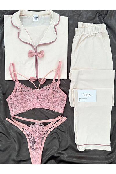 Lena Homewears Women's Bow Detailed Underwear Short Sleeve Pajamas Set