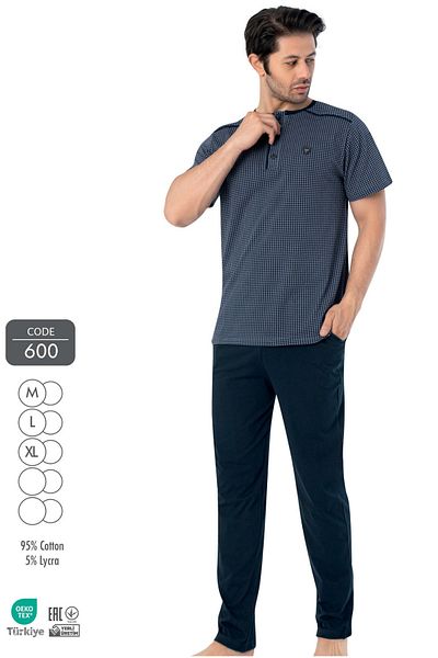 Cotpark Ανδρικό βαμβακερό Lycra κοντομάνικο μπλουζάκι βασικό παντελόνι πιτζάμες 600