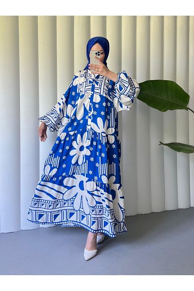 Modamorfo Rochie cu guler cu jumătate de nasture -Albastru