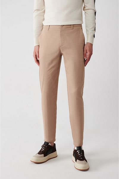 Avva Men's Beige Flexible Chino Canvas Trousers with Side Pockets E 003008