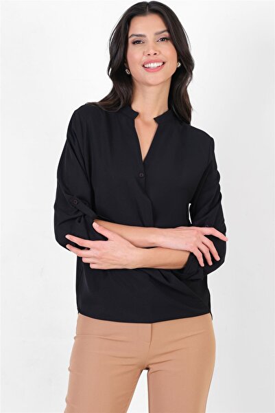 Spazio İmpero Hakim Yaka Kruvaze Katlamalı Kol Bluz SİYAH