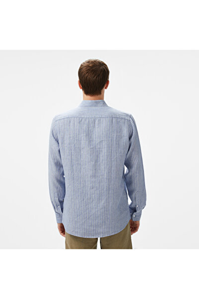 Nautica Erkek Mavi Classic Fit Çizgili Keten Gömlek