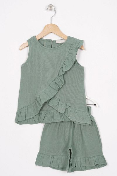 zepkids Zero Sleeve Front and Hem Ruffle Detailed Green Color Girl's Shorts Suit