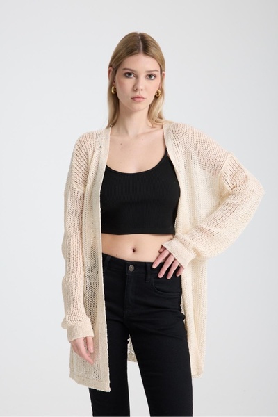 sumoda Kadın Giyim Uzun Hırka Pullu Düğmesiz Uzun Kol Rahat Kalıp Relax Hırka