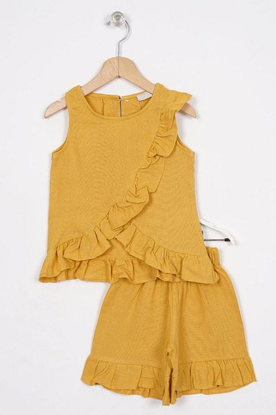 zepkids Zero Sleeve Front and Hem Ruffle Detailed Mustard Color Girls Shorts Suit
