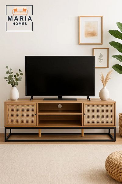 MARIA HOMES Natural Wood TV Console with Rattan Doors and Black Metal Base – 140x39x48 cm