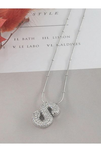 İNN JEWELLERY قلادة بالون من الفولاذ المقاوم للتشويه بحجر الزركون - لون فضي
