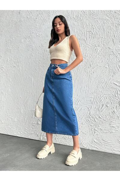 Dema pamuklu mavi denim etek