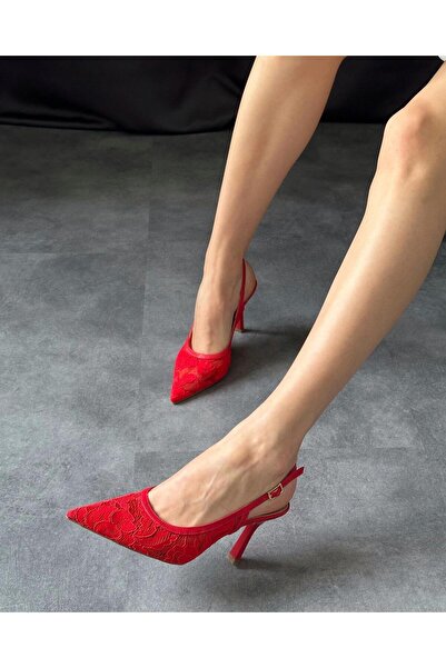 Zuum Belleza Çiçek Detaylı Tül Kadın Topuklu Ayakkabı - Kırmızı