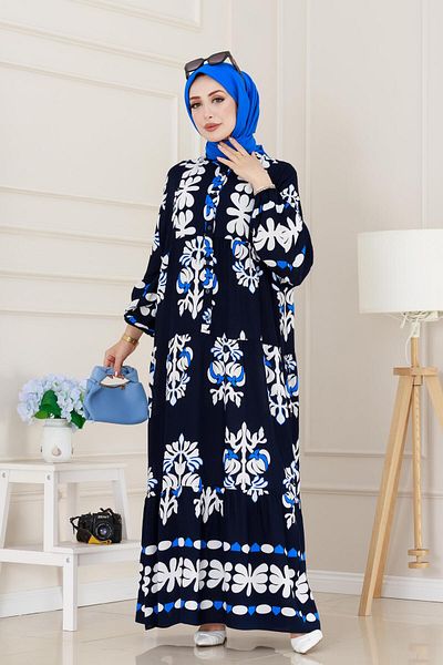 Sevitli Half Buttoned Robe Belinay Dress-Navy Blue