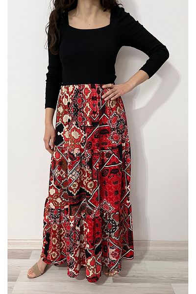 520CK Women's Ethnic Patterned Ruffled Long Skirt - Hijab Skirt
