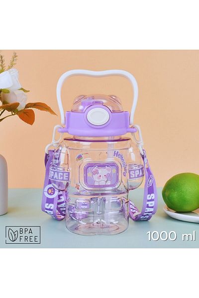 ARVALE 1 Liter Water Bottle with Astronaut Figure |   With Straw and Wide Mouth |   Neck Strap |   Bpa Free