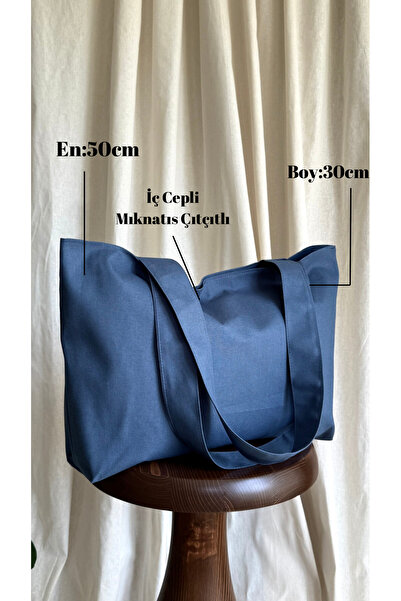 LUNAFEL İndigo Kanvas Kol Ve Omuz Çantası- Su Geçirmez Kumaş Tote Çanta- Orta Boy