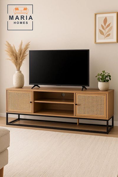 MARIA HOMES Natural Wood TV Console with Rattan Doors and Black Metal Base – 140x39x48 cm