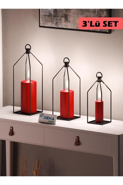 DEHALİMİTED Metal Kafes 3’lü Set Mumluk Fener Dekoratif Mumluk Ferforje Şamdan