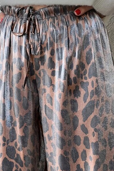 Funda Özbek Hnědé plně strečové kalhoty s leopardím vzorem a elastickým pasem