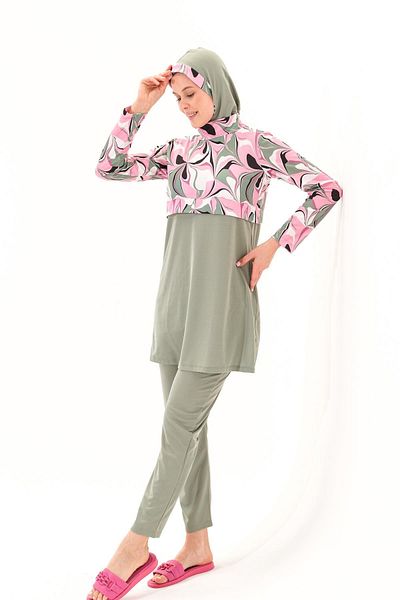 Plistre 2156_Women Patterned Full Covered 3 Piece Set Sea/Pool Hijab Swimsuit
