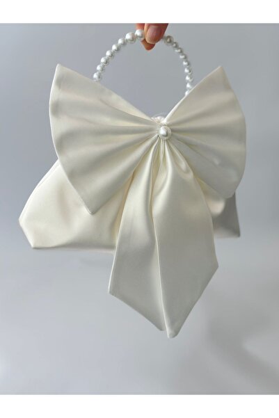 posst bag Τσάντα βραδινού φορέματος με φιόγκο και πέρλες σε ανοιχτό λευκό χρώμα