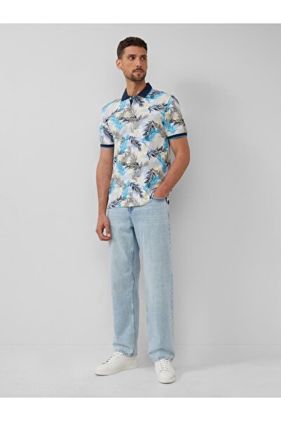 s.Oliver Tricou polo bărbătesc cu imprimeu cu frunze de palmier, croială regulată, albastru, mărimea S