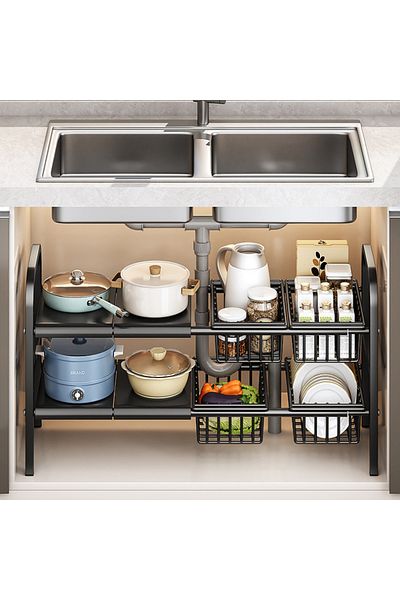 Viyogo Metal shelf for storage under the sink, extendable 55-85 cm, 4 baskets, 85 x 38 x cm, black