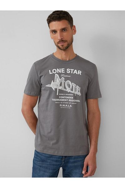 s.Oliver Men's T-shirt with scoop neck, text print, Regular fit, Grey, S