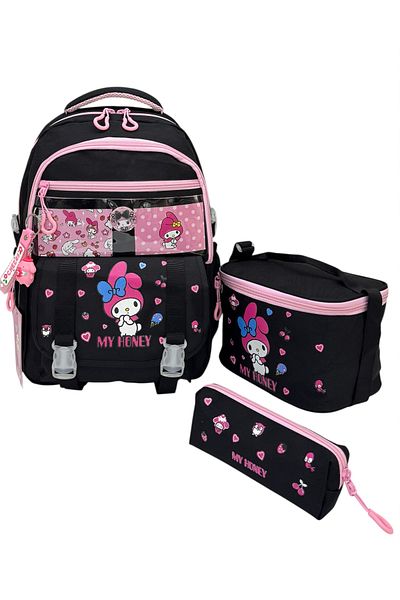 Çınka Bags Korean Style Black Color Thermal School Backpack Set for Girls with Accessories and Pen Holder