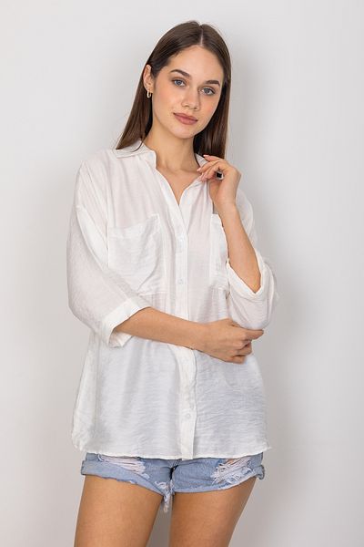 Stil Sepeti Women's Ecru Double Pocket Fakir Sleeve Bodrum Fabric Summer Shirt Tll-10005690147