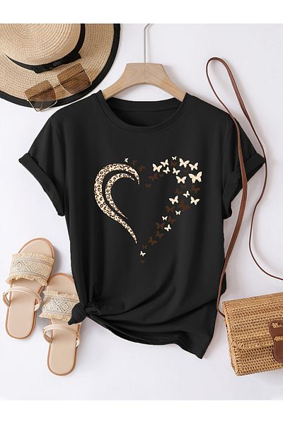 uyguntarz Unisex-T-Shirt mit Leoparden-Schmetterlings-Herz-Design, bedruckt