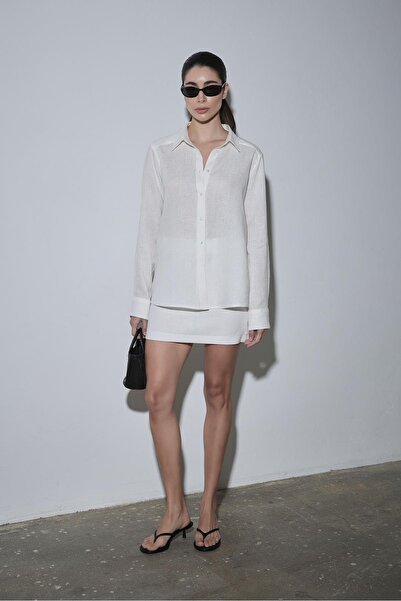 Suud Collection Beyaz %100 Keten Nora Basic Etek