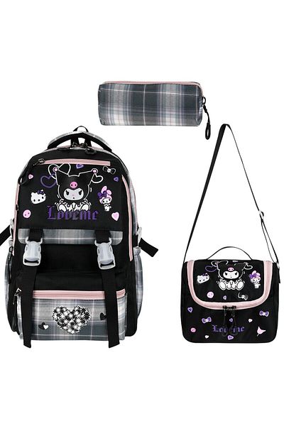 Çınka Bags Korean Style Plaid Thermal School Backpack Set for Girls with Lunchbox and Pen Holder