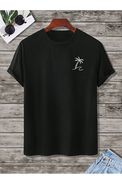 EYAX MODA Tricou pentru bărbați Yakada cu imprimeu palmier și guler tip crewneck