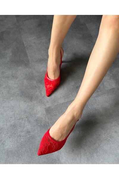 Zuum Belleza Çiçek Detaylı Tül Kadın Topuklu Ayakkabı - Kırmızı