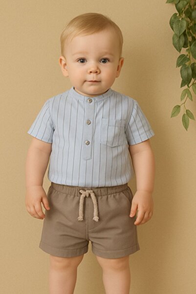 Montisu 100% памучен комплект от сива риза и шорти с райета за момчета – двук...
