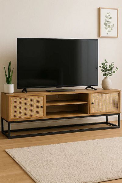 MARIA HOMES Natural Wood TV Stand with Woven Rattan Doors and Metal Frame – 160x39x48cm Media Console
